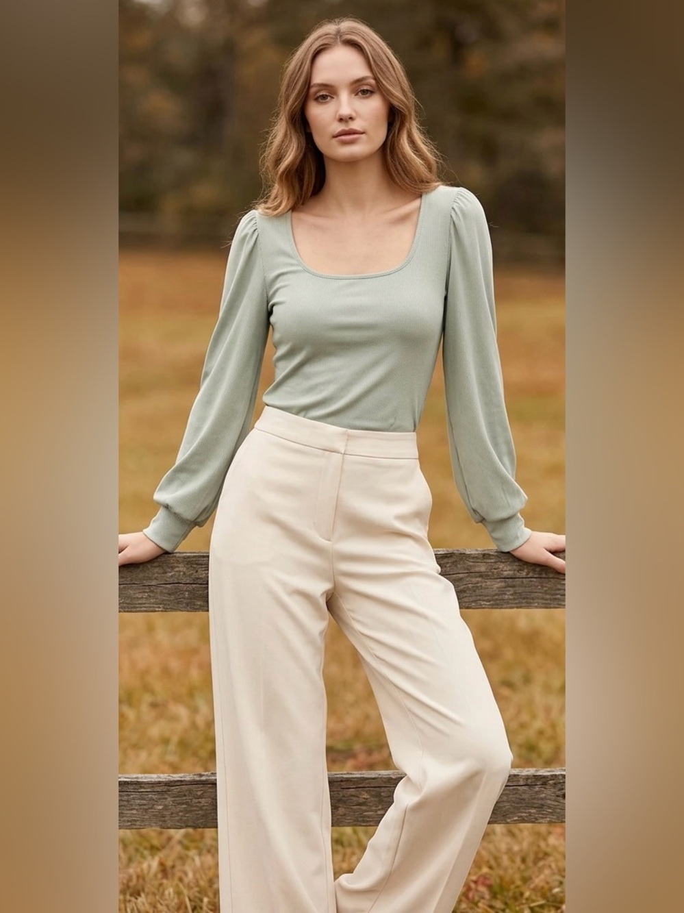 Scoop Neck Long Sleeve Top in Sage Green - Picture 7 of 16